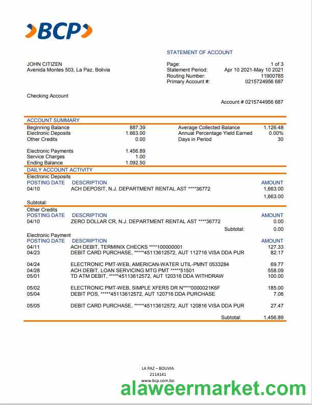 Bolivia banco de crédito de bolivia bank statement template in Word and PDF format